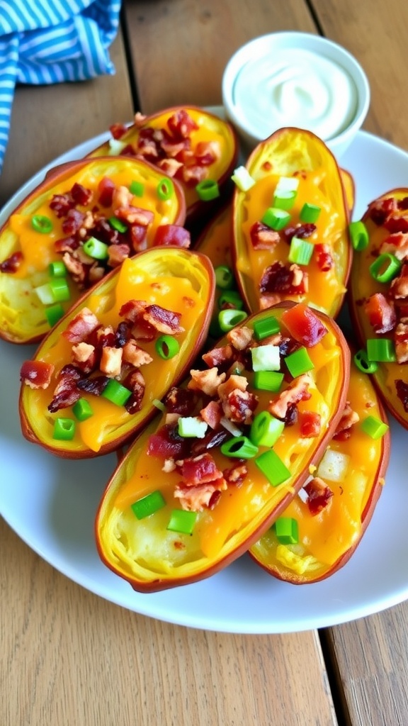 Crispy loaded potato skins topped with cheese and bacon on a rustic table.